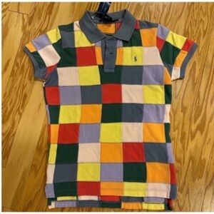 Vintage Ralph Lauren Blue Label NEW Polo Shirt Patchwork Multi Color Women Small